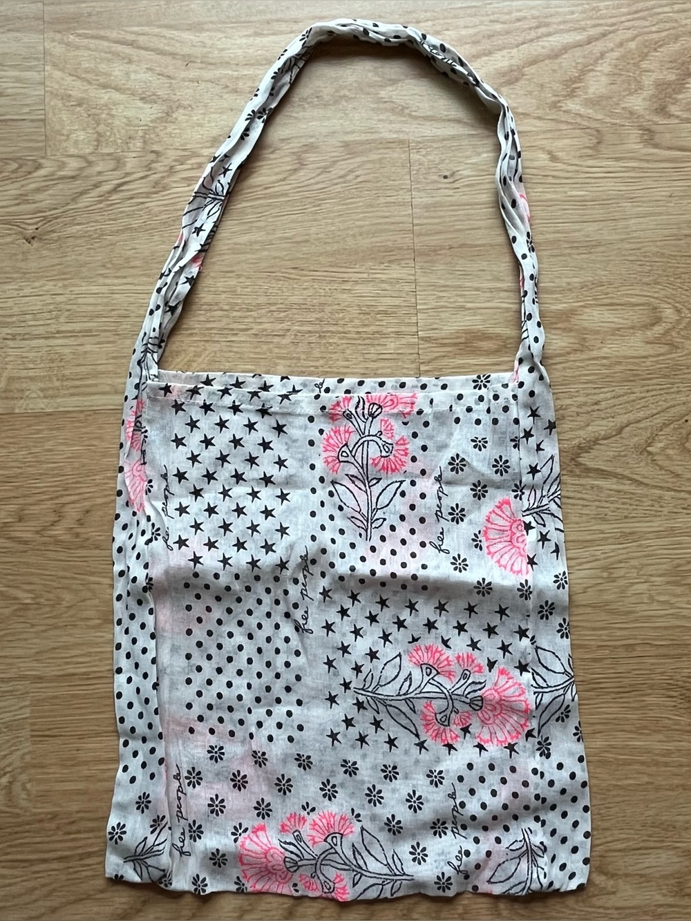Free People Tote Bag White/Ivory Pink Black Floral Stars Reusable Gauze